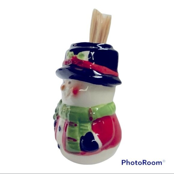 Snowman Toothpick Holder Hand Painted Ceramic Holiday Kitchen Decor Gadget - Picture 2 of 9
